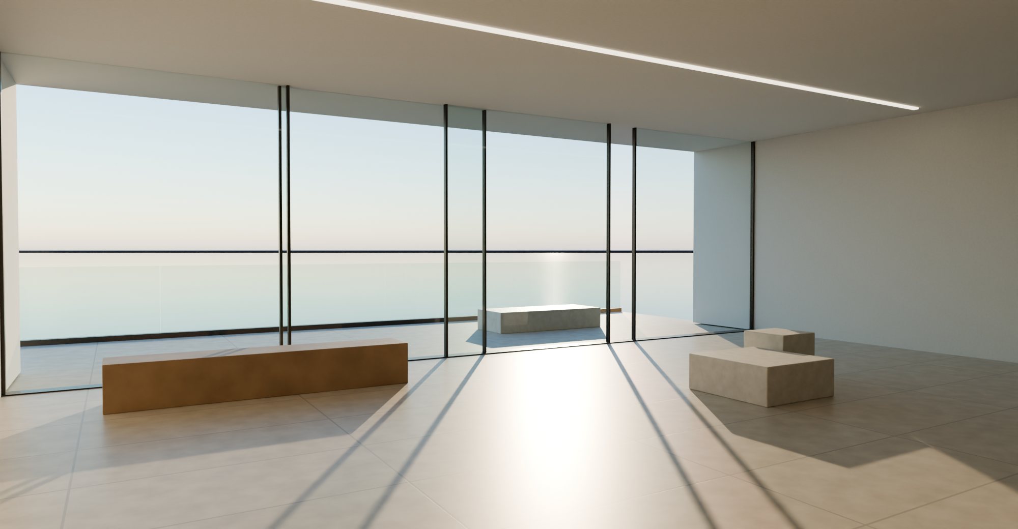 Minimal interior with floor-to-ceiling sliding glazing opening onto a sea-view terrace