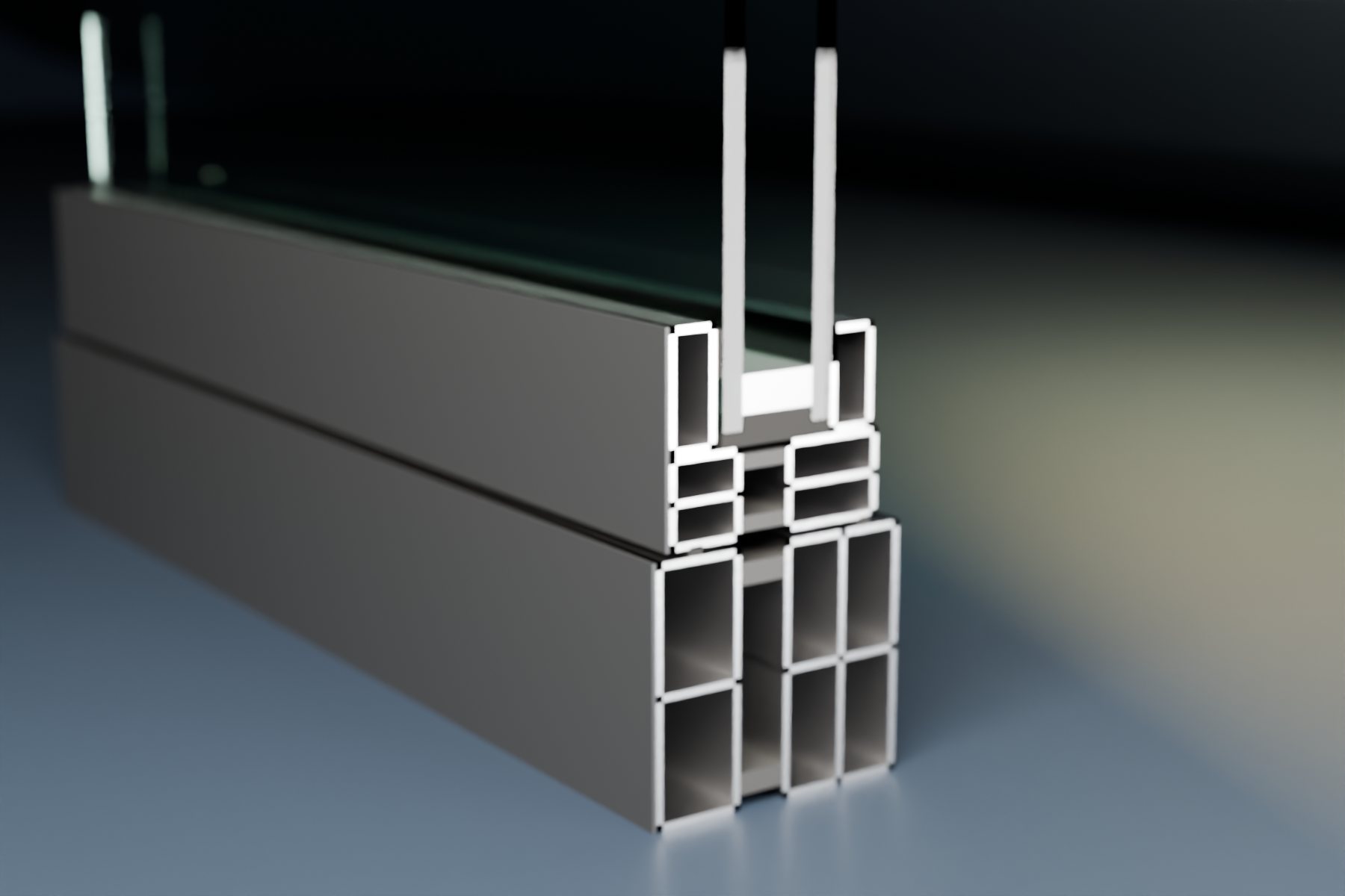 Cut section of an aluminium window profile with thermal break and double glazing